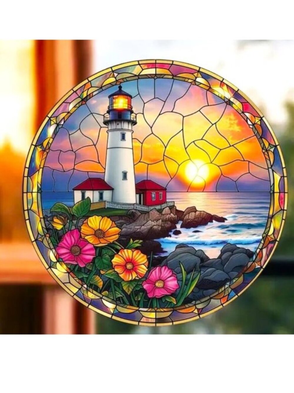Lighthouse Suncatcher Ocean Sea Sunset Flowers Crackle Colorful Window Lake NEW